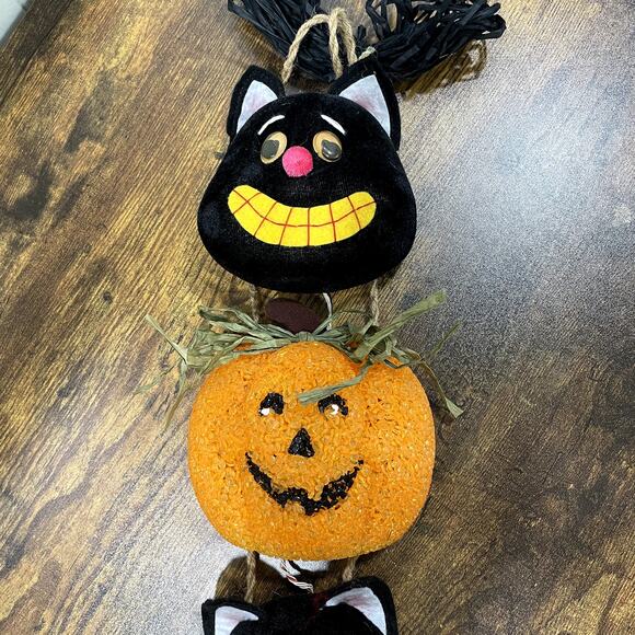 Halloween VTG Melted Plastic Popcorn Light Up Pumpkin Black Cat Wall Hanging - Picture 10 of 10